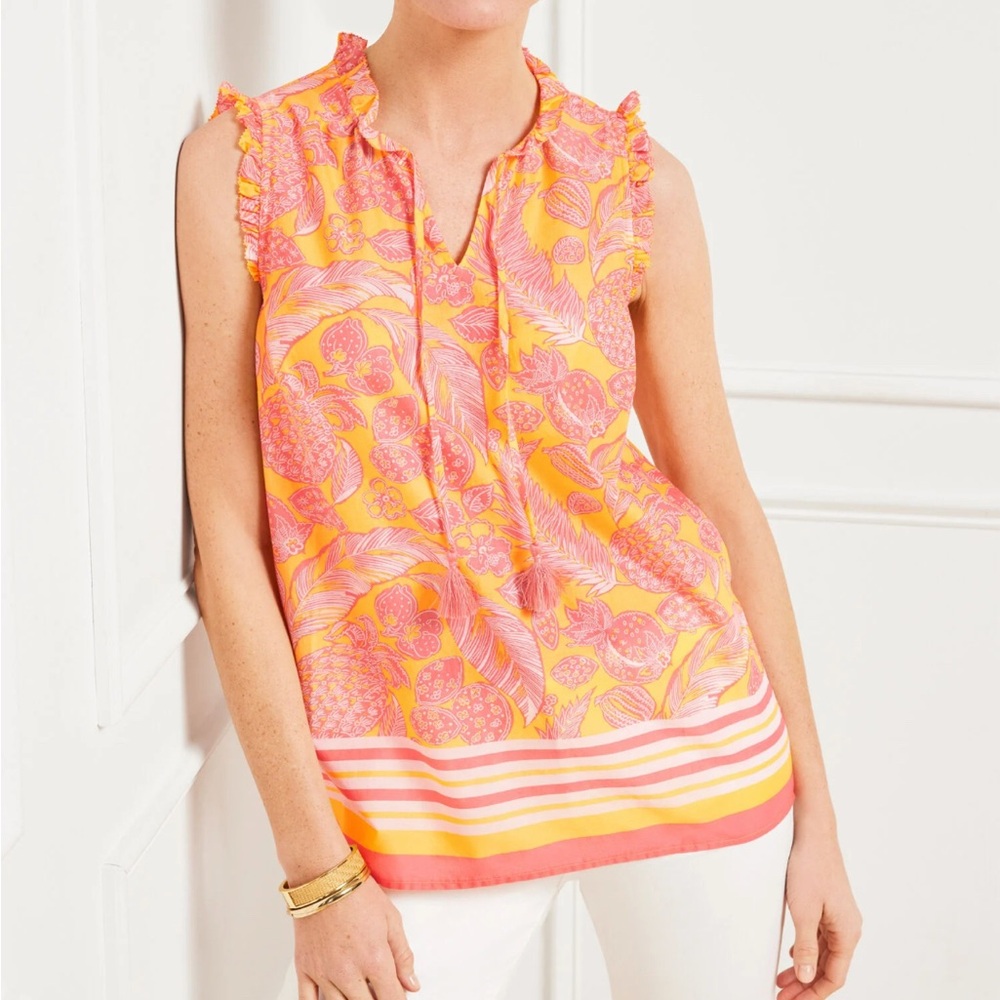 Talbots Island Pineapple Ruffle Trim Shell Sleeveless Blouse